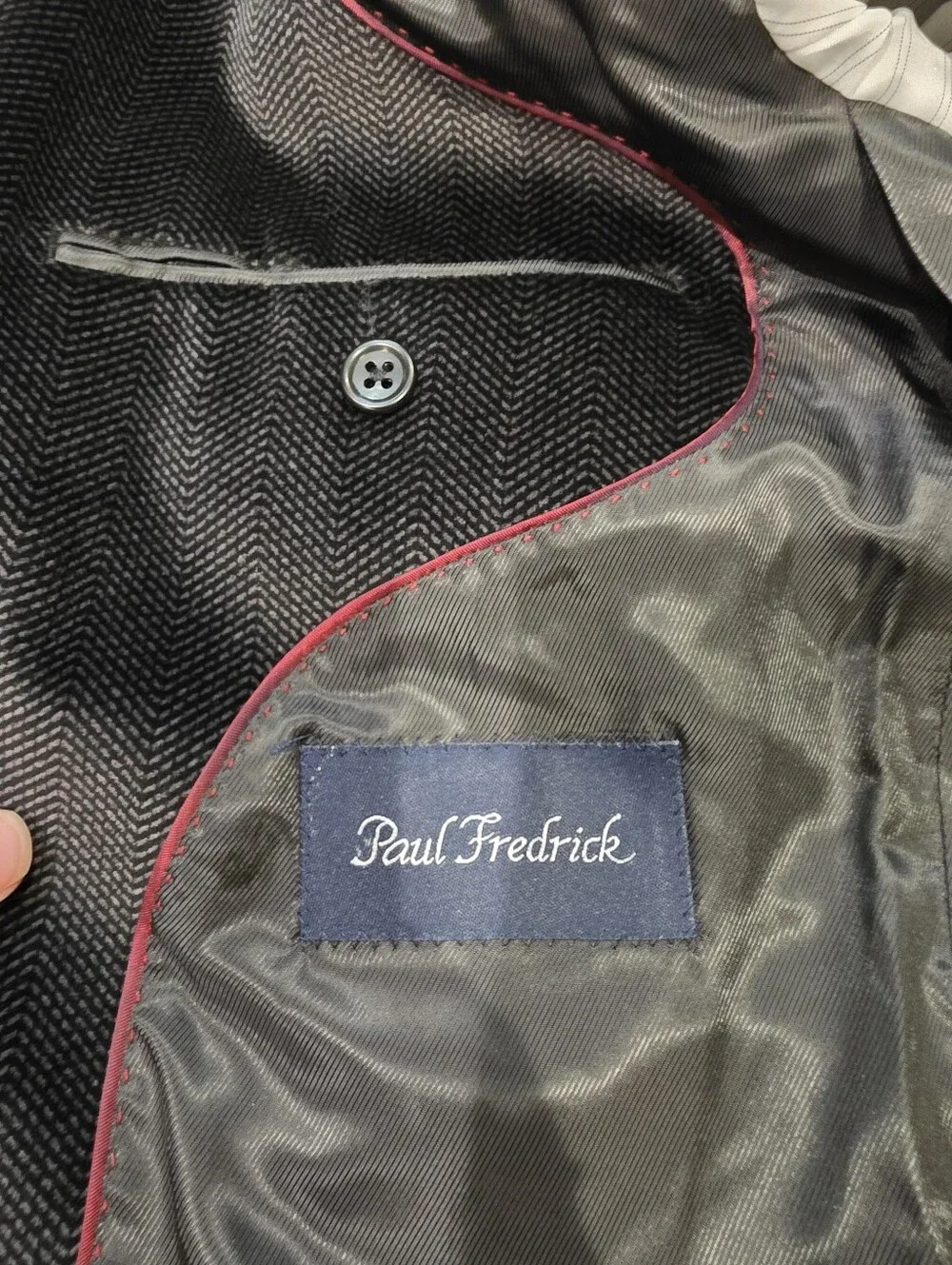 Paul Fredrick Black Herringbone Sport Coat Blazer 42R Cotton Two Button Men's